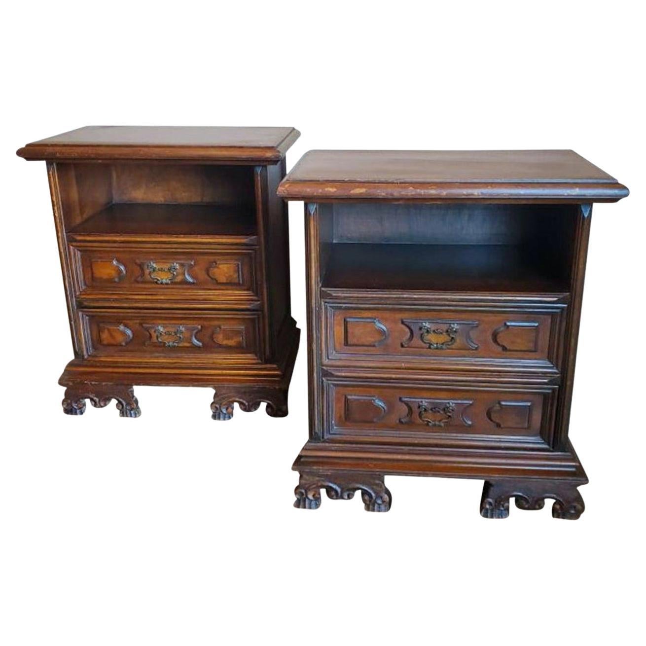 Pair of Vintage Italian Carved Walnut Bedside Chest of Drawers