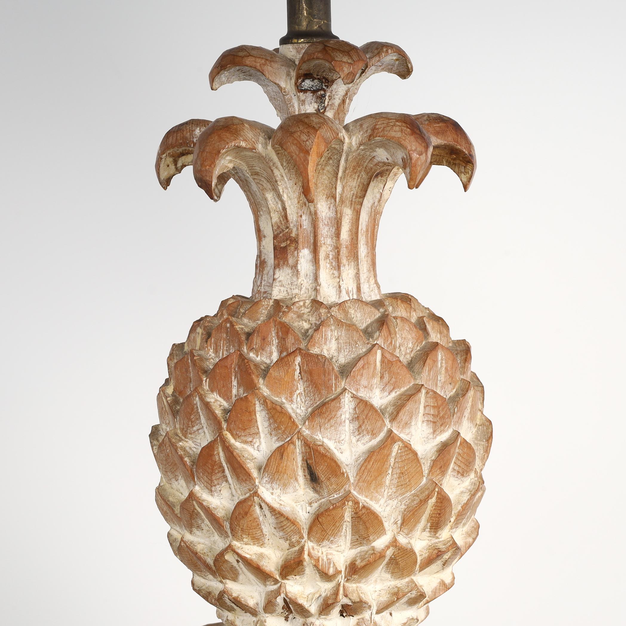 Hand-Carved Pair of Vintage Italian Carved Wood Pineapple Table Lamps For Sale