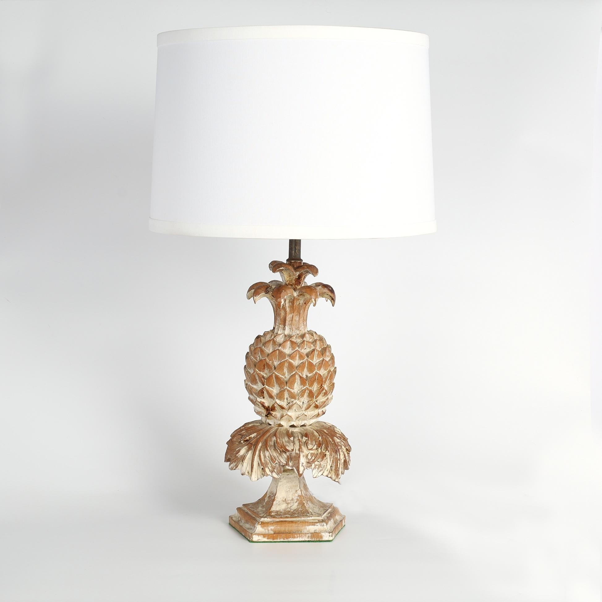 20th Century Pair of Vintage Italian Carved Wood Pineapple Table Lamps For Sale