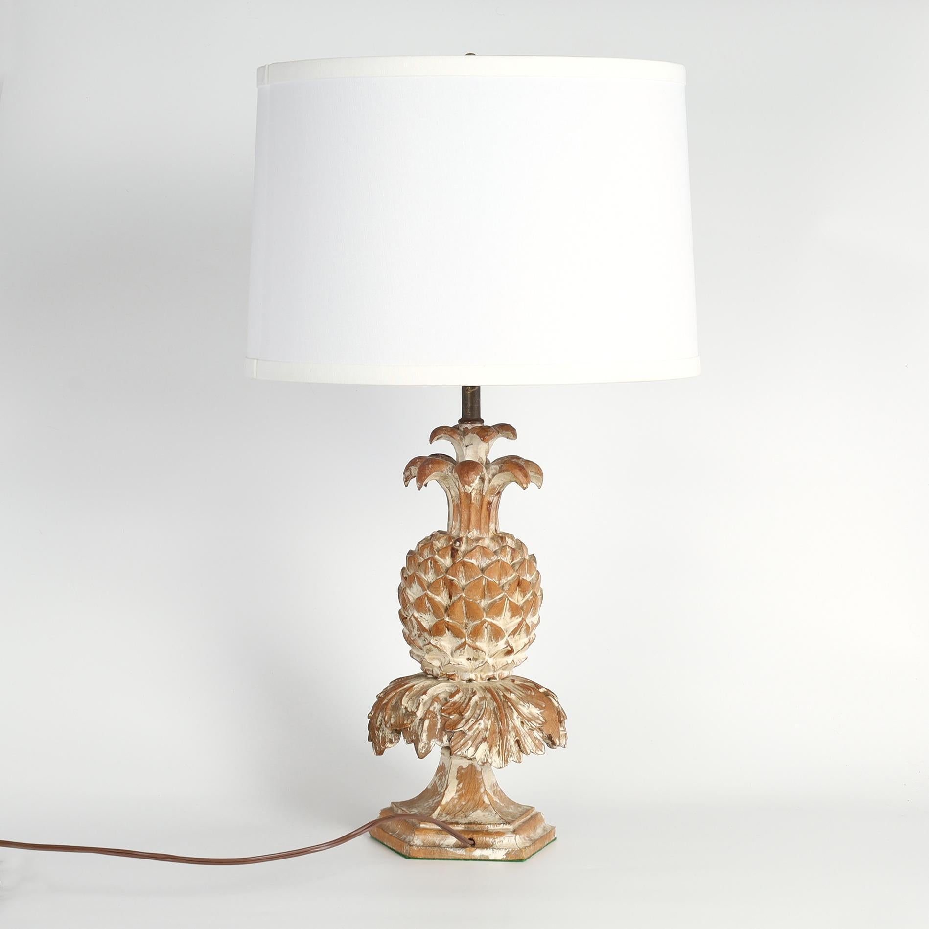 Hardwood Pair of Vintage Italian Carved Wood Pineapple Table Lamps For Sale