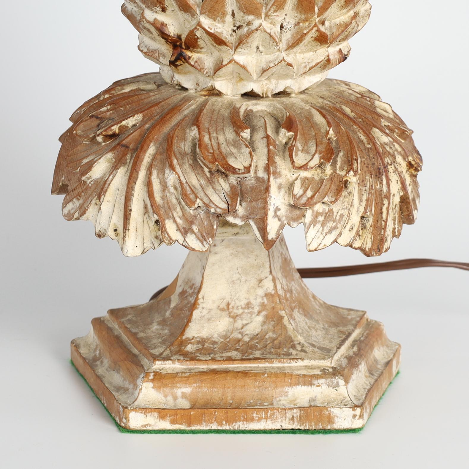 Pair of Vintage Italian Carved Wood Pineapple Table Lamps For Sale 2