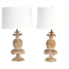Pair of Vintage Italian Carved Wood Pineapple Table Lamps
