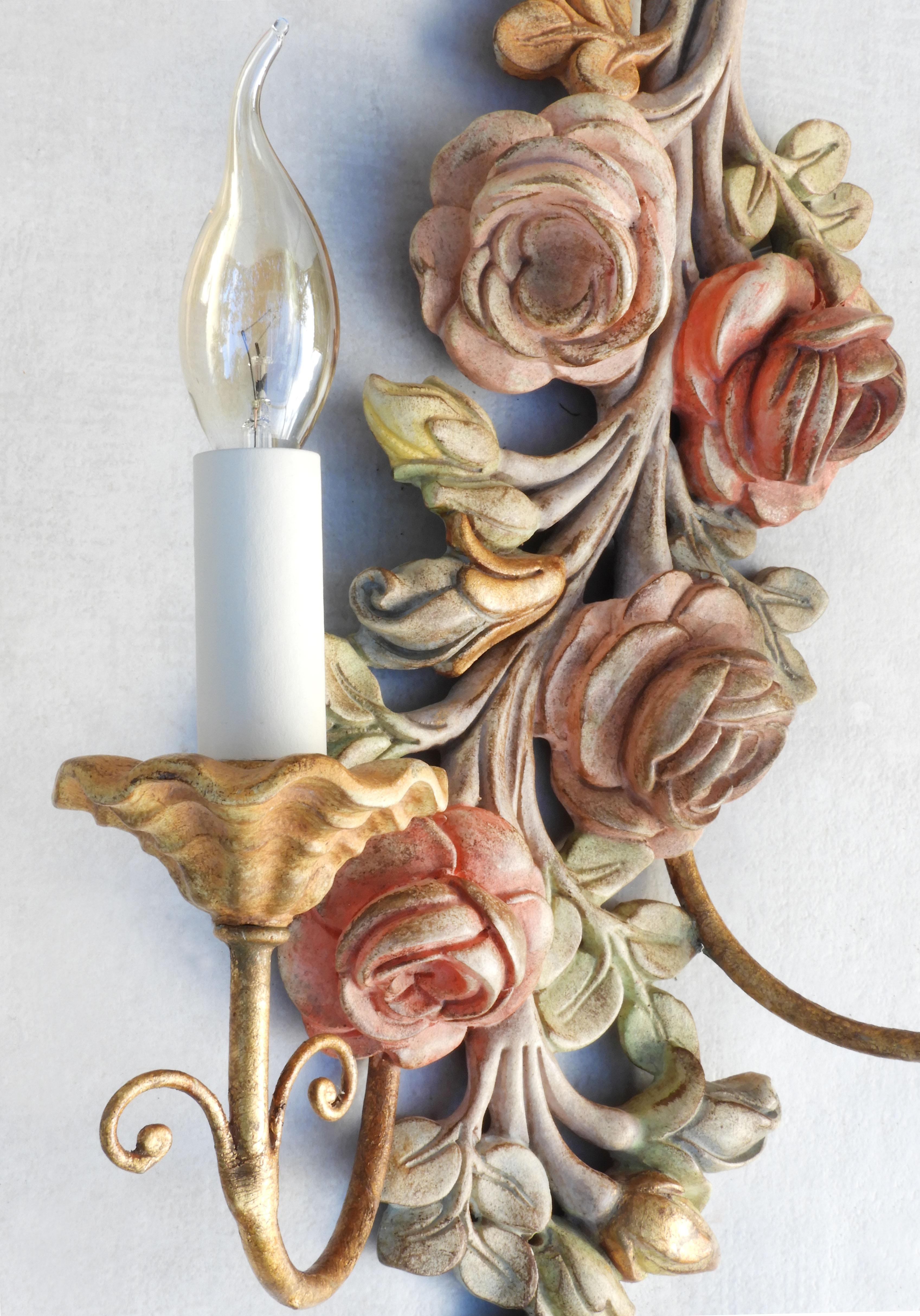 Pair of Vintage Italian Carved Wood Rose Flower Wall light Sconces For Sale 5