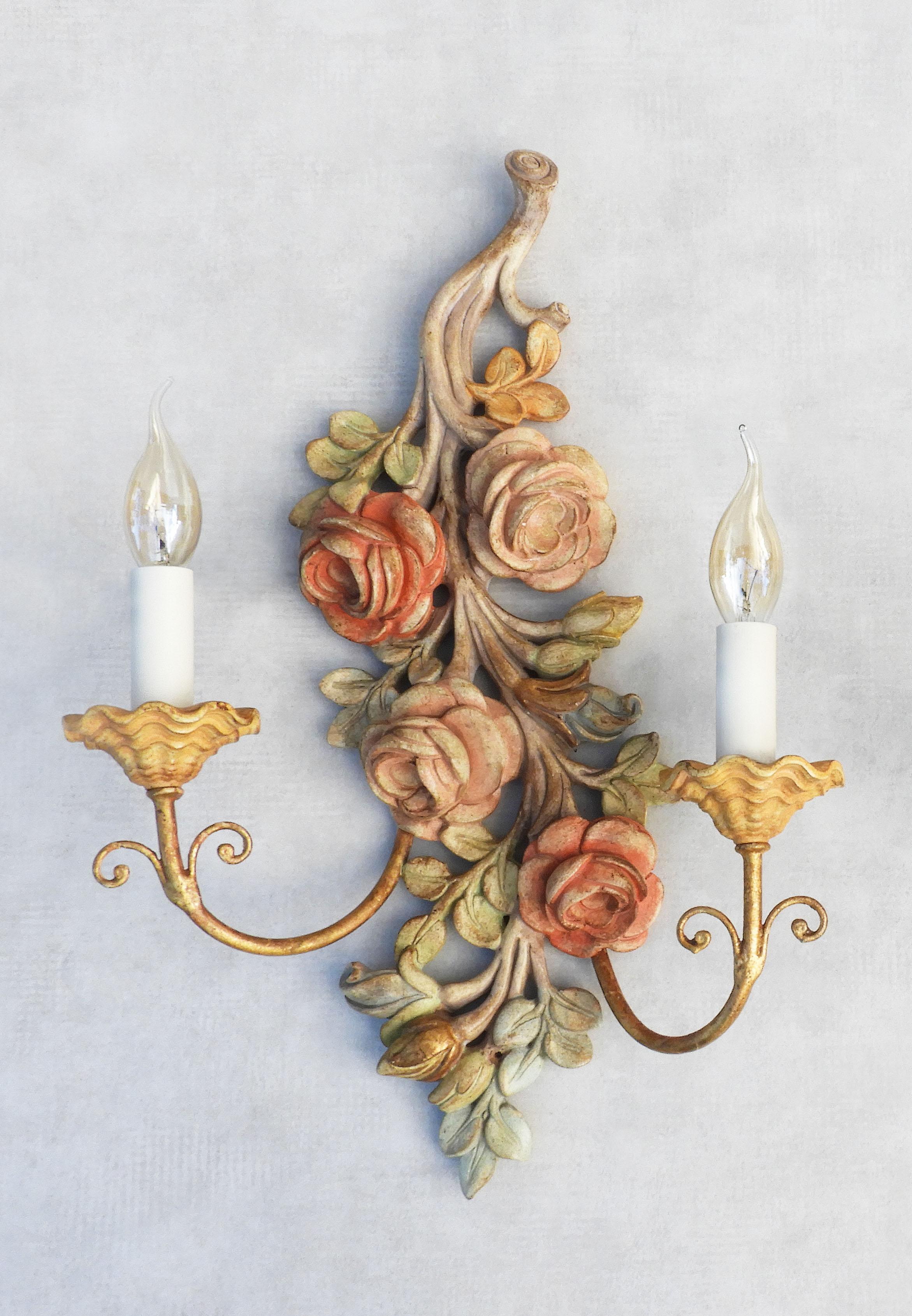 Polychromed Pair of Vintage Italian Carved Wood Rose Flower Wall light Sconces For Sale