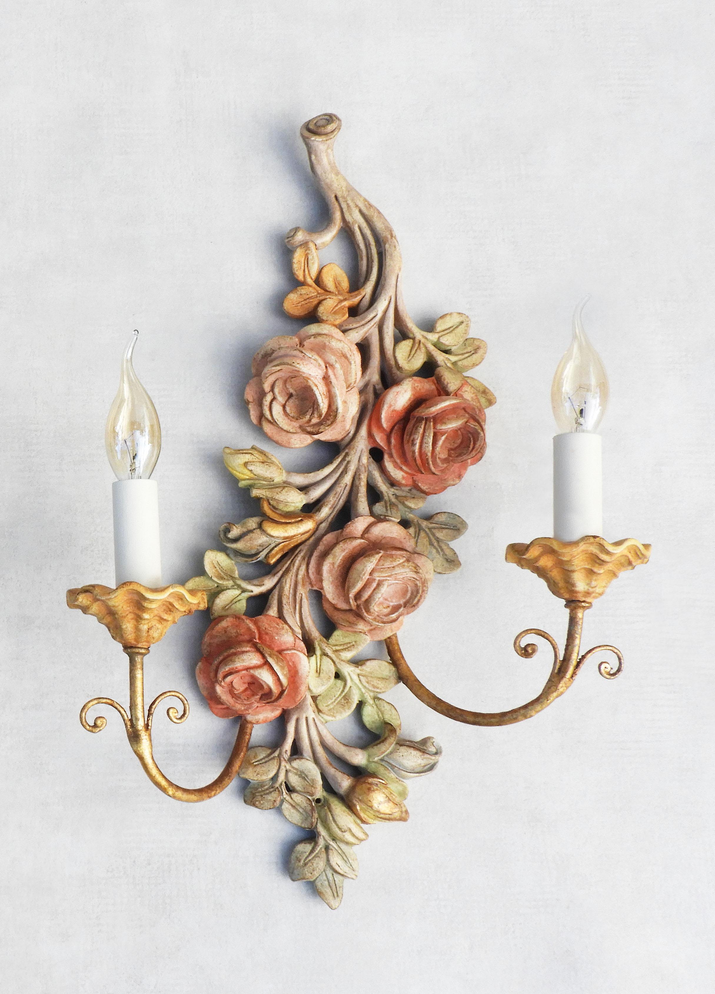 20th Century Pair of Vintage Italian Carved Wood Rose Flower Wall light Sconces For Sale