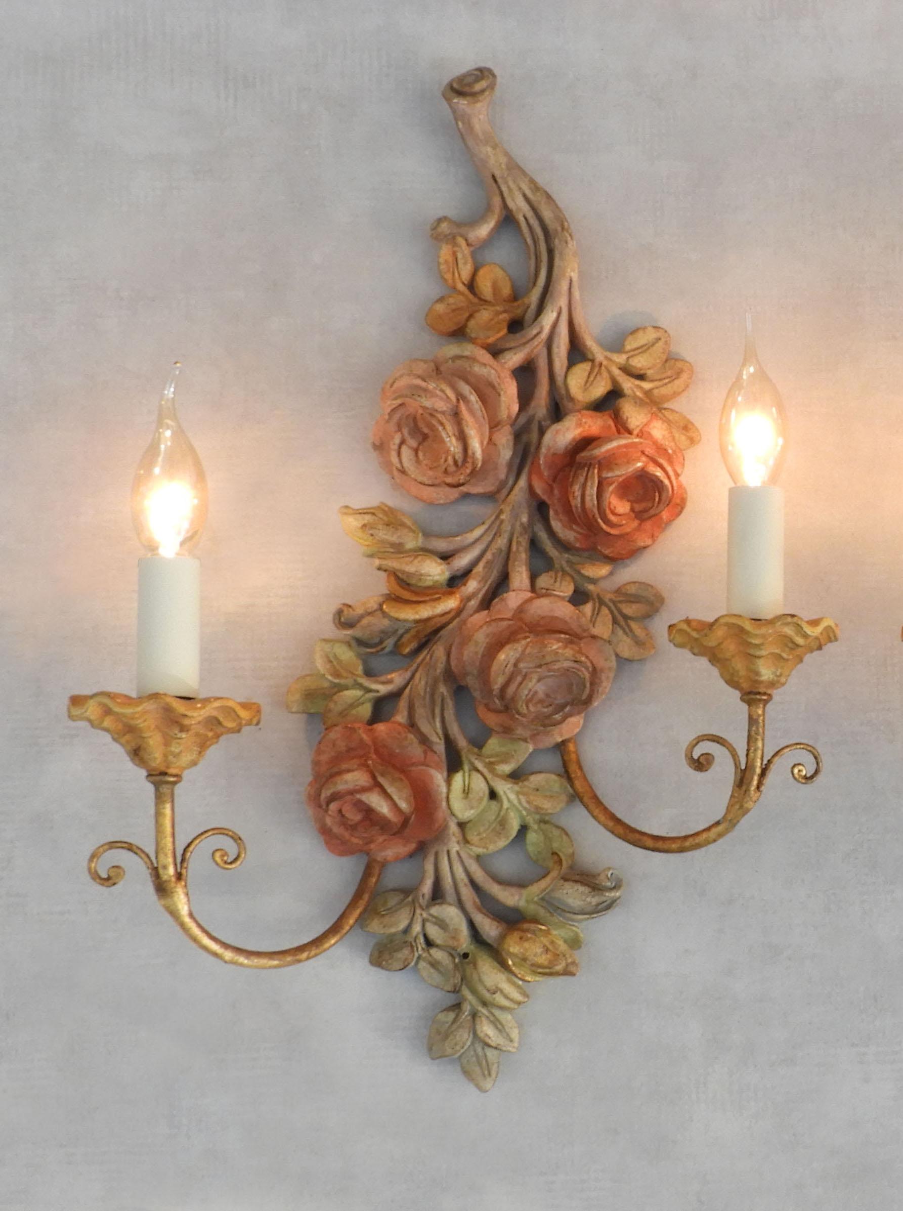 Metal Pair of Vintage Italian Carved Wood Rose Flower Wall light Sconces For Sale