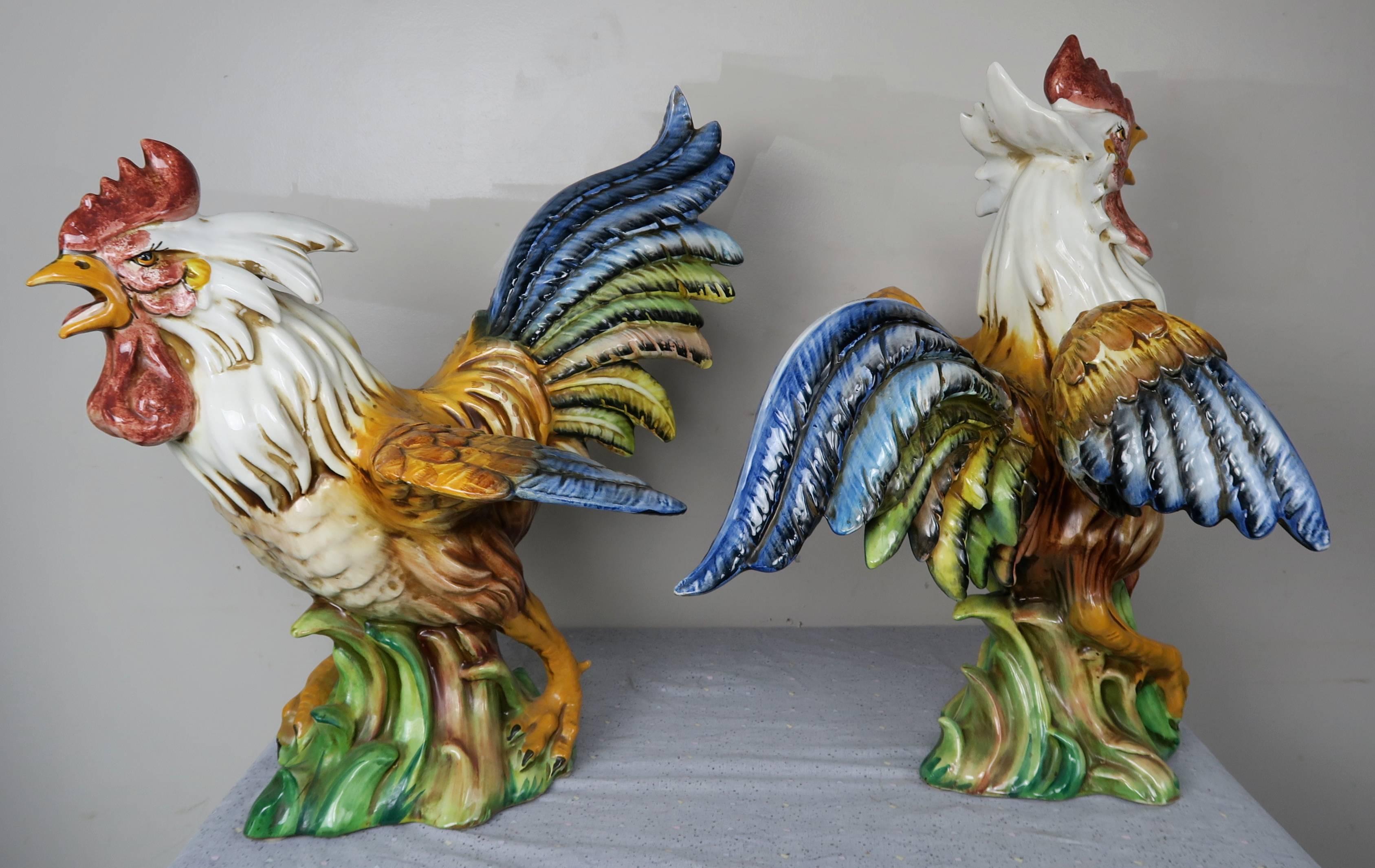 Glazed Pair of Vintage Italian Ceramic Roosters