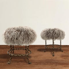 Pair of Vintage Italian Chain Stools with Mongolian Lamb Upholstered Seats