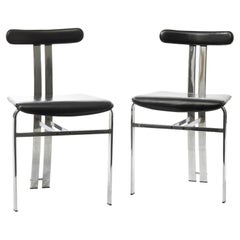 Pair of Vintage Italian Chairs with Chromed Frame and Black Leather Upholstery