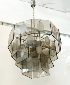 Pair of Vintage Italian Chandelier w/ Smoky Square Glasses & Oval Satin, c 1960