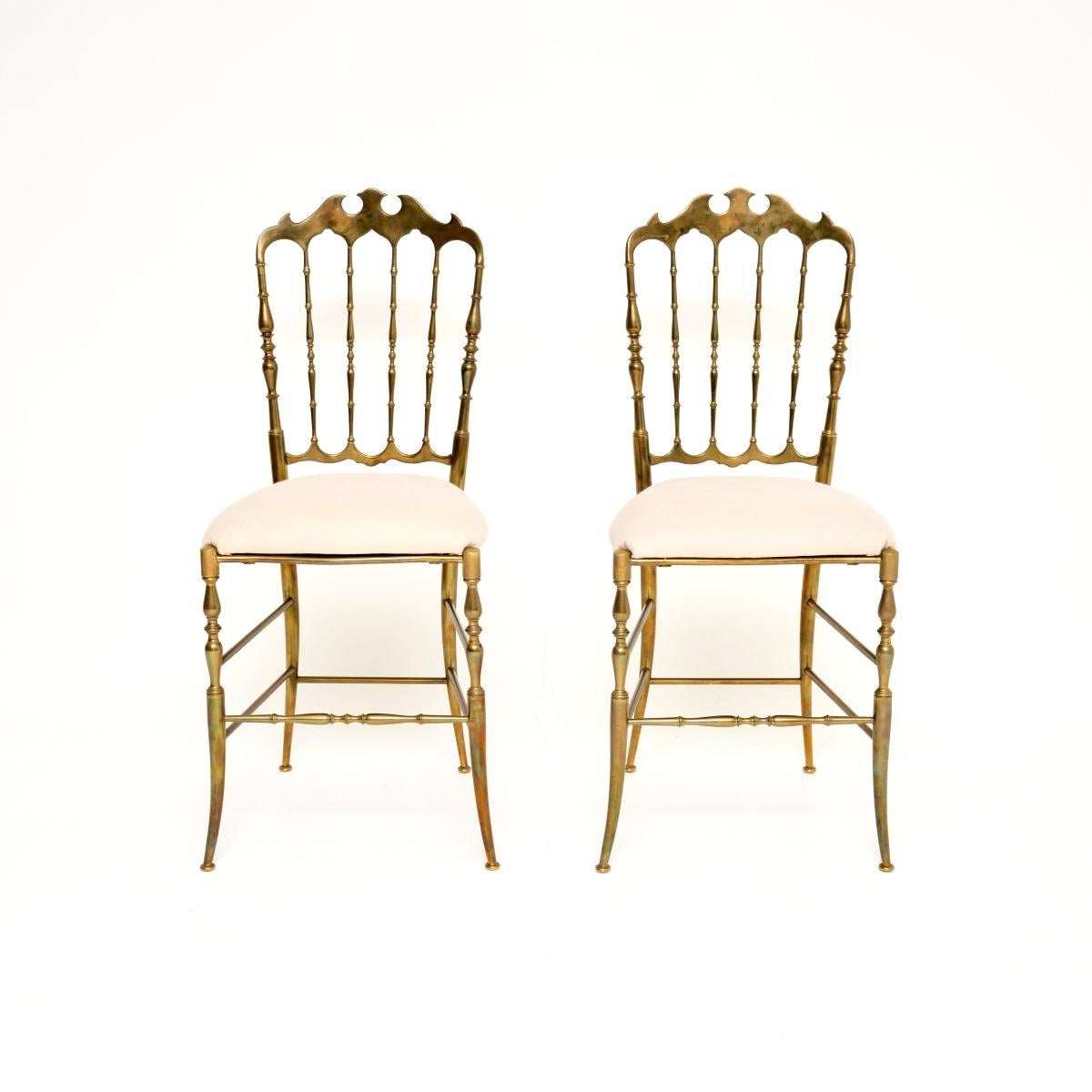 A gorgeous pair of vintage Italian Chiavari dining chairs in solid brass. They were made in Italy and date from around the 1950’s.

The quality is outstanding, they look beautiful from all angles and are surprisingly comfortable. The solid brass