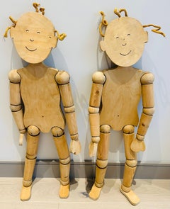 Pair of Vintage Italian Childrens Life Size Wooden Mannequin Figurine Sculptures