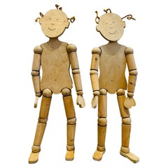 Pair of Vintage Italian Childrens Life Size Wooden Mannequin Figurine Sculptures