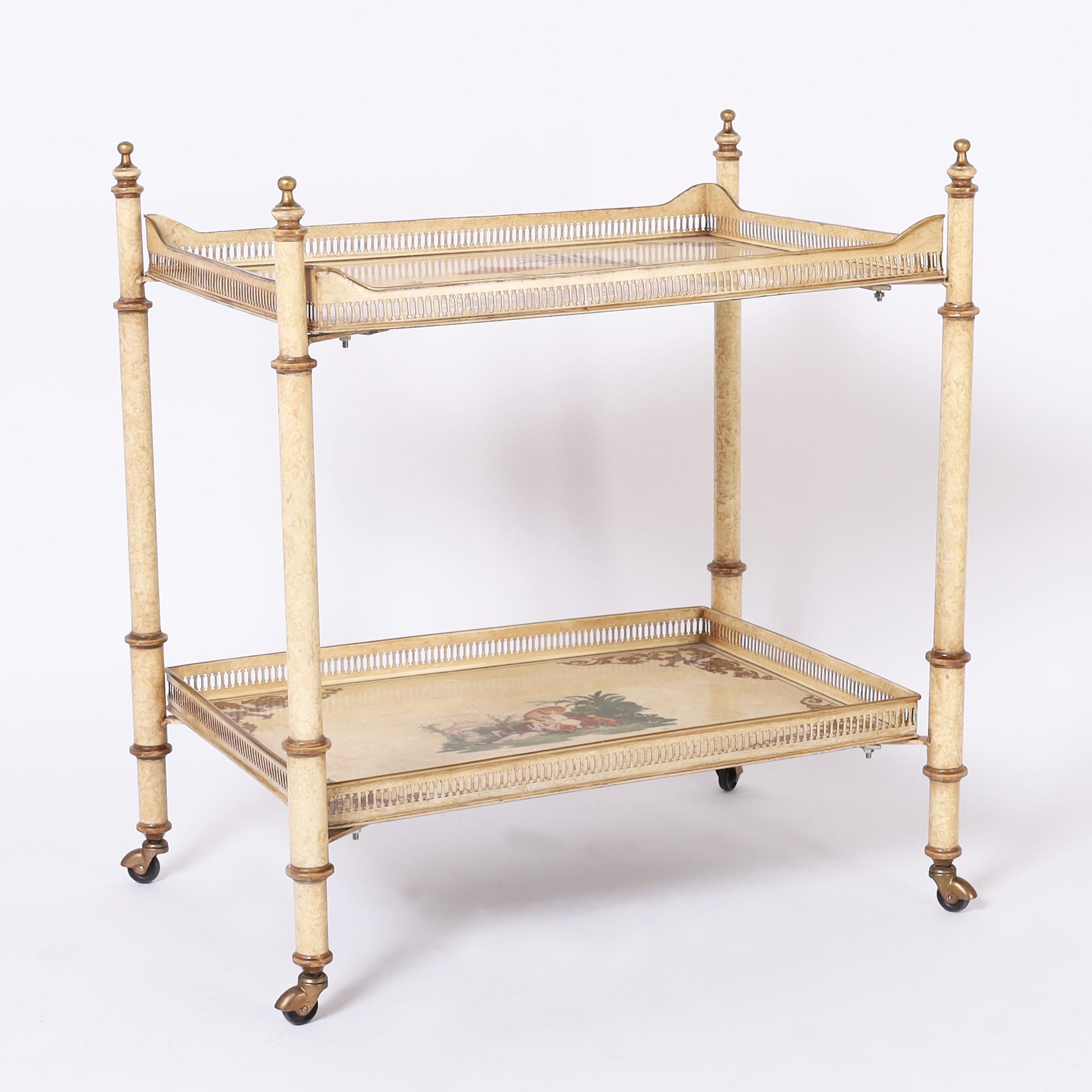 Pair of Vintage Italian Chinoiserie and Faux Bamboo Tole Serving Carts In Good Condition For Sale In Palm Beach, FL