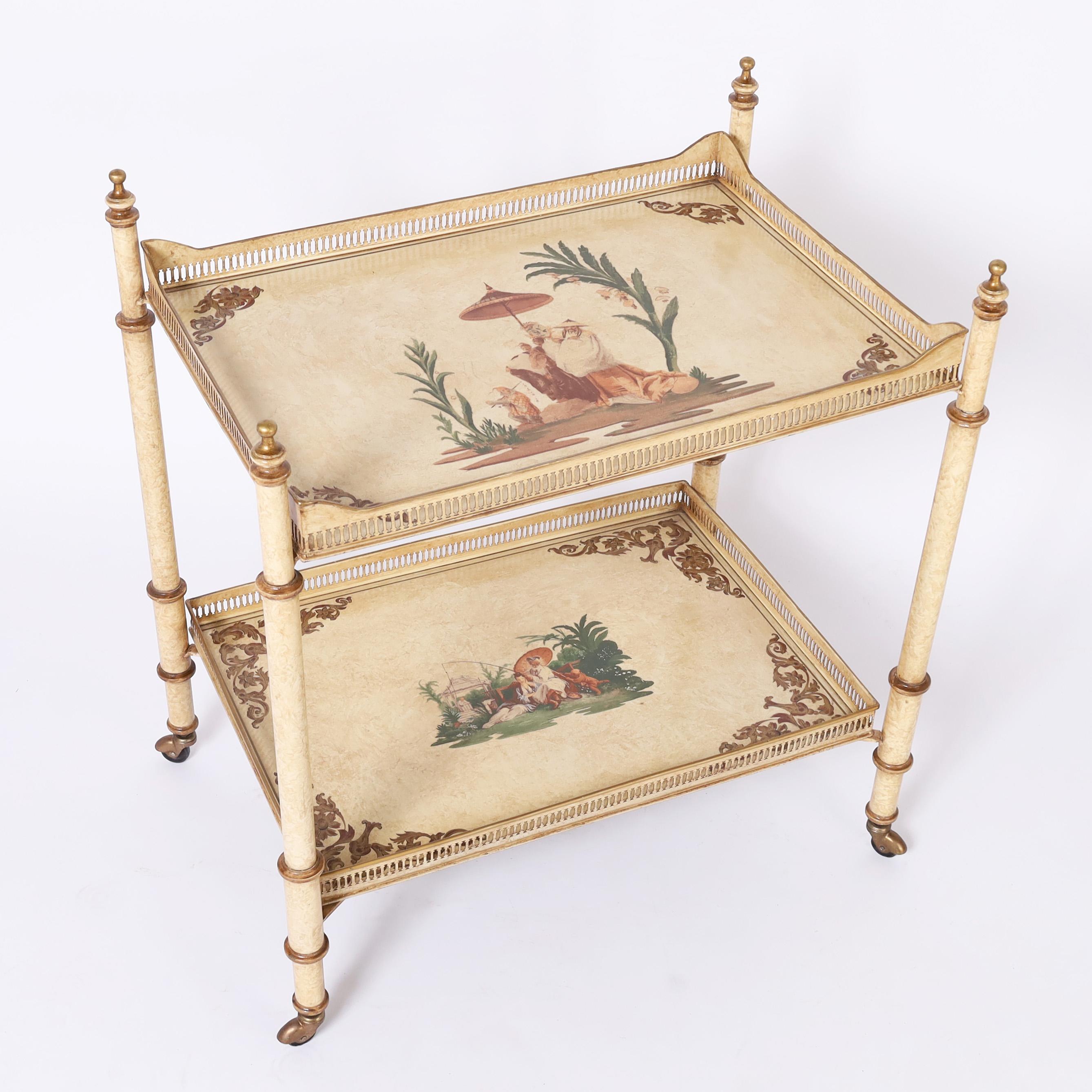 20th Century Pair of Vintage Italian Chinoiserie and Faux Bamboo Tole Serving Carts For Sale