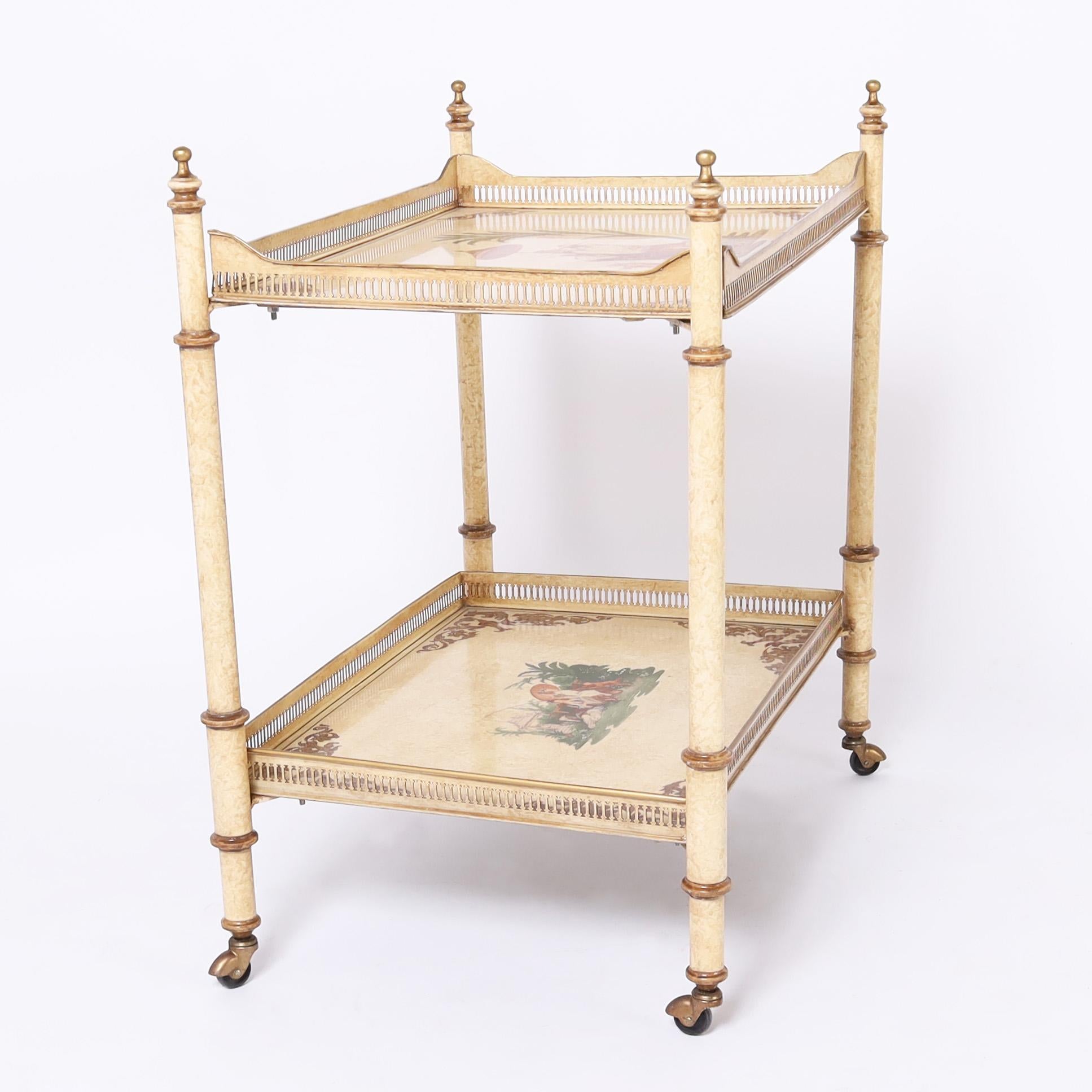 Pair of Vintage Italian Chinoiserie and Faux Bamboo Tole Serving Carts For Sale 1