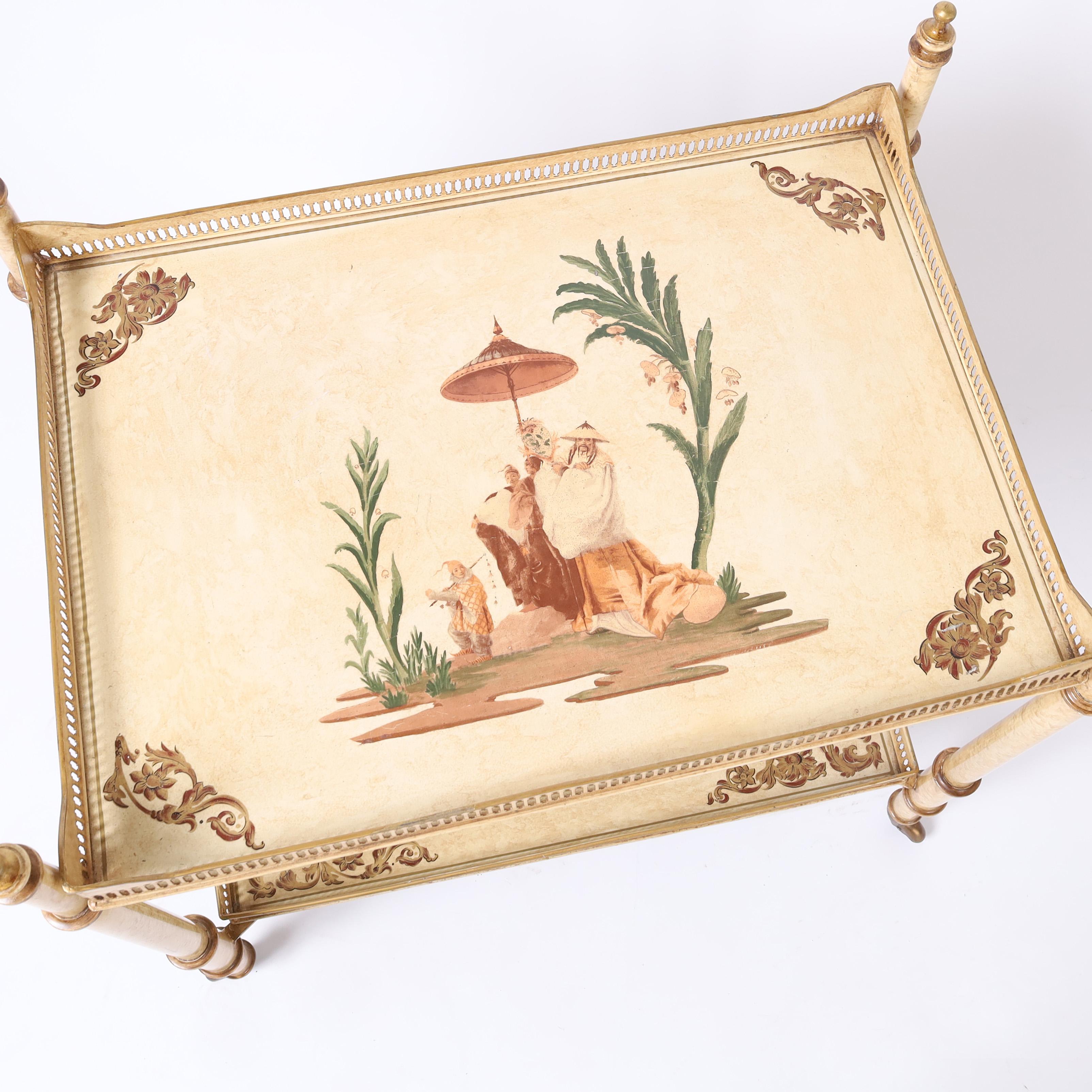 Pair of Vintage Italian Chinoiserie and Faux Bamboo Tole Serving Carts For Sale 2