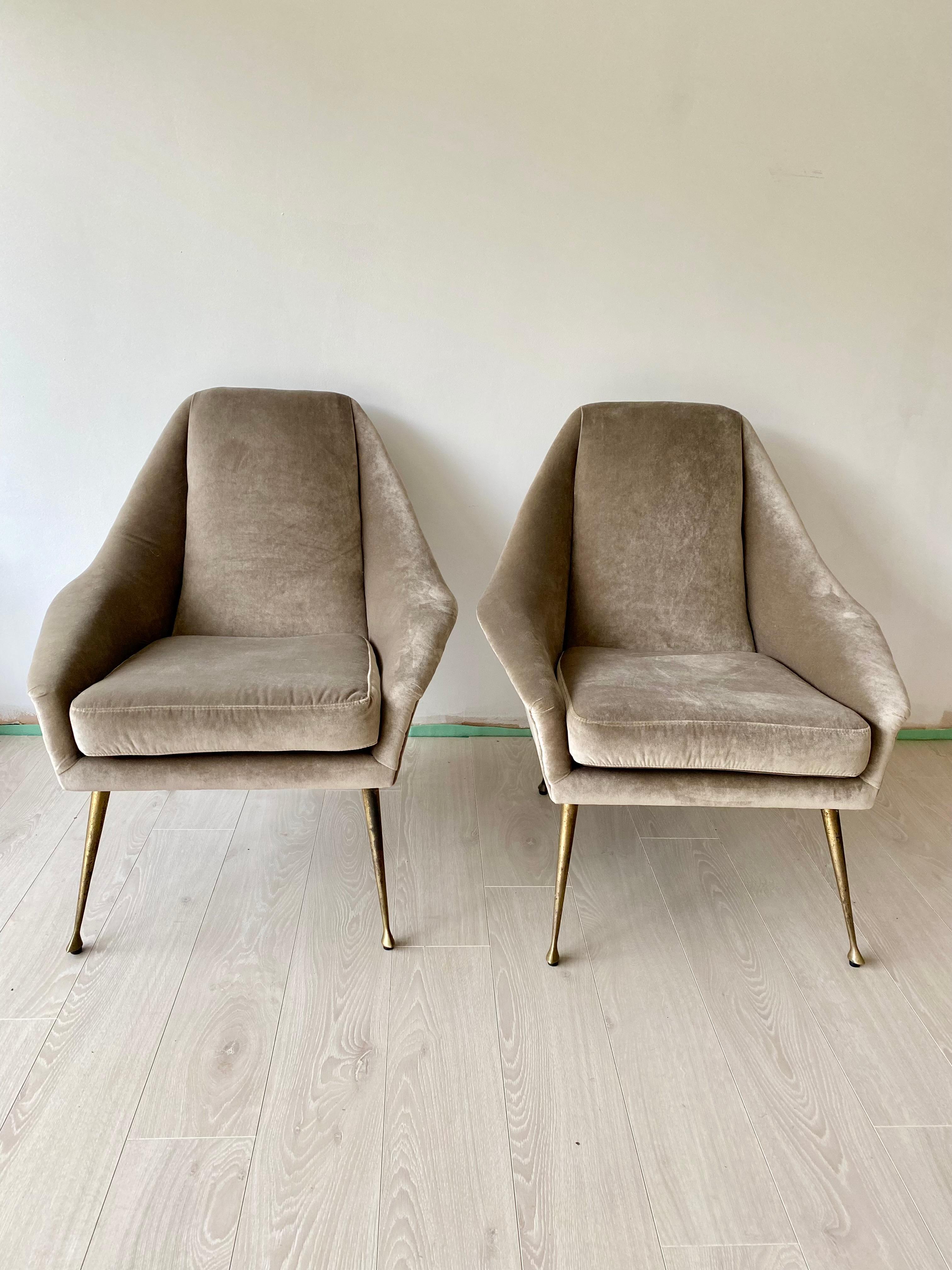 Beautiful pair of Italian chairs, slightly smaller than a traditional armchair

Upholstered in a mole grey velvet

Some small marks on seat as per close up image, otherwise in perfect order

Overall dimensions, 80cm tall, 80cm deep and 73cm