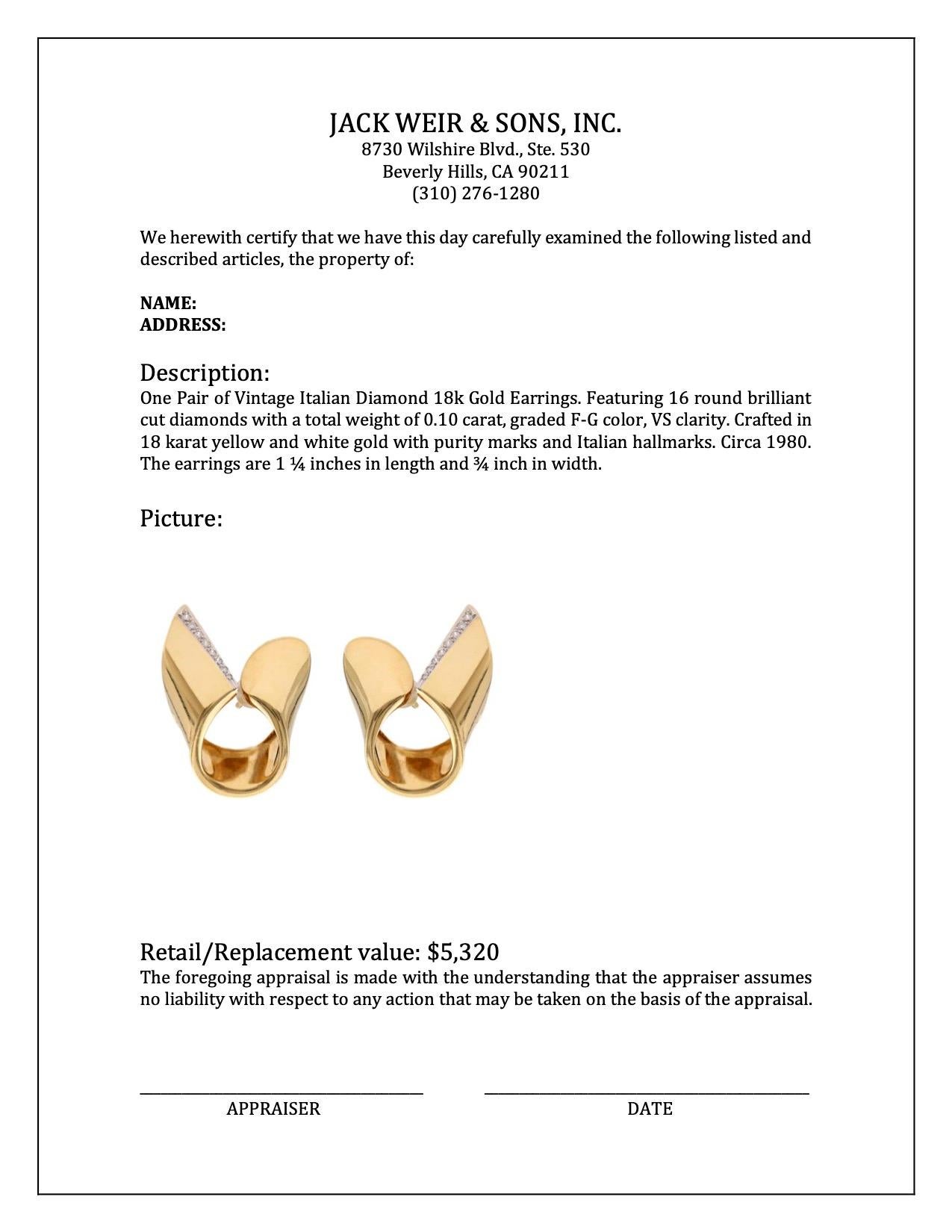 Women's or Men's Pair of Vintage Italian Diamond 18k Gold Earrings For Sale