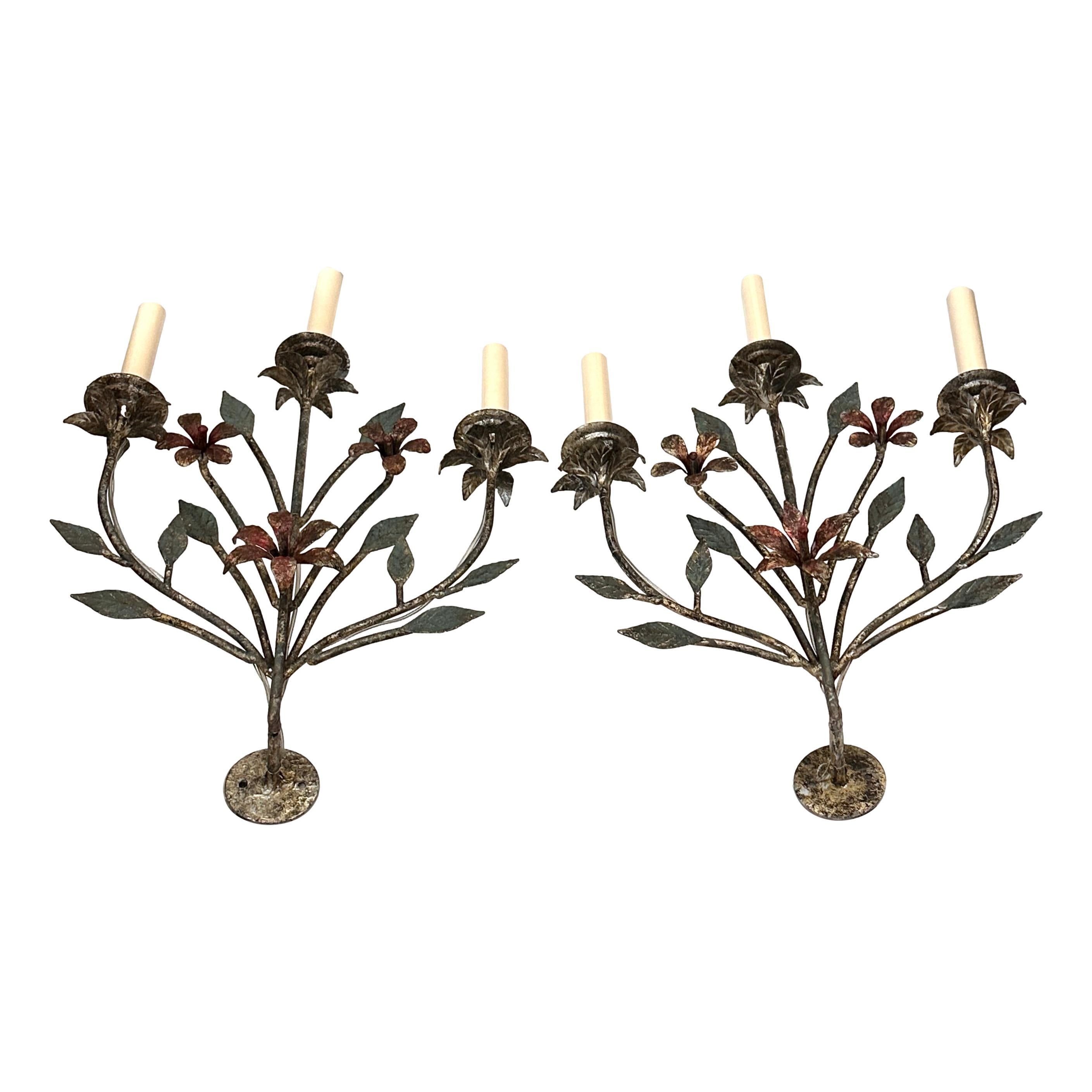Pair of circa 1940's Italian silver leaf foliage sconces with painted finish and original patina.

Measurements:
Height: 21.5