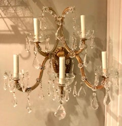 Pair of Vintage Italian Gilt Metal and Crystal Sconces