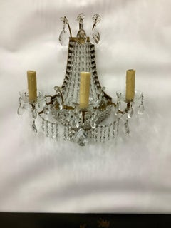 Pair of Vintage Italian Gilt Metal and Crystal Wall Sconces