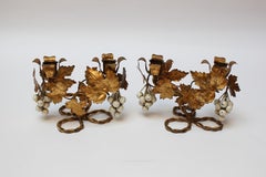 Pair of Vintage Italian Gilt Tole Florentine Grapeleaf Candleabra