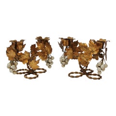 Pair of Vintage Italian Gilt Tole Florentine Grapeleaf Candleabra