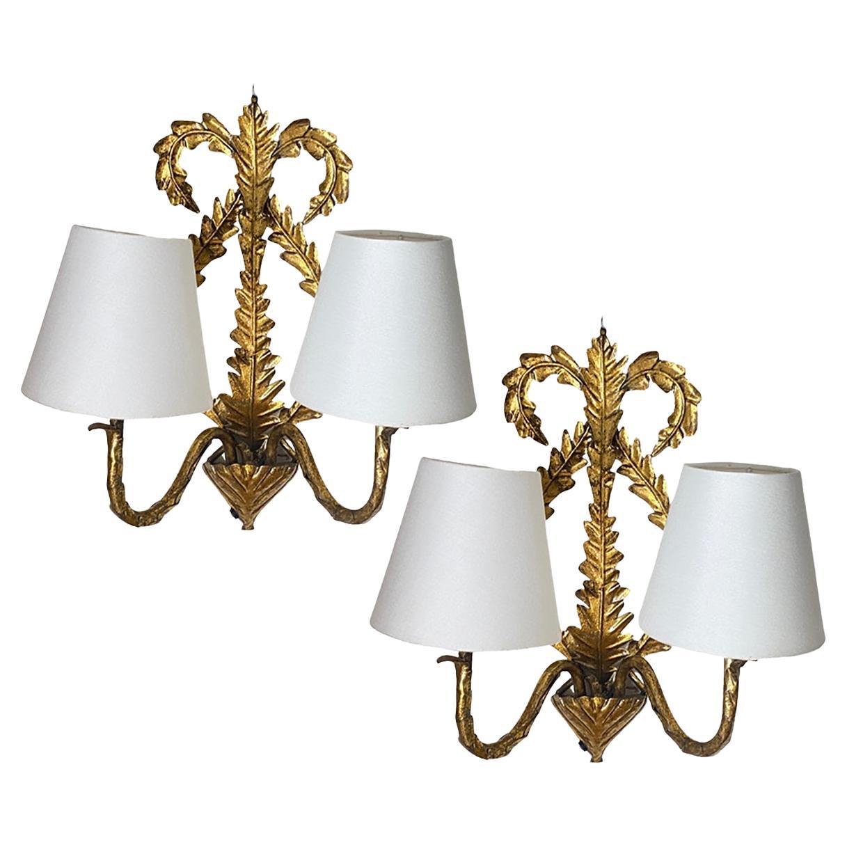 Pair of Vintage Italian Gilt Tole Florentine Sconces Gold Color For Sale