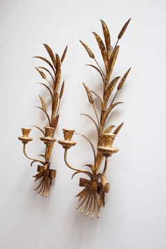 Pair of Vintage Italian Gilt Tole Florentine "Sheaf of Wheat" Sconces