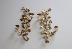 Pair of Vintage Italian Gilt Tole Grapeleaf Candleholders / Wall Sconces