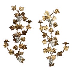 Pair of Vintage Italian Gilt Tole Grapeleaf Candleholders / Wall Sconces