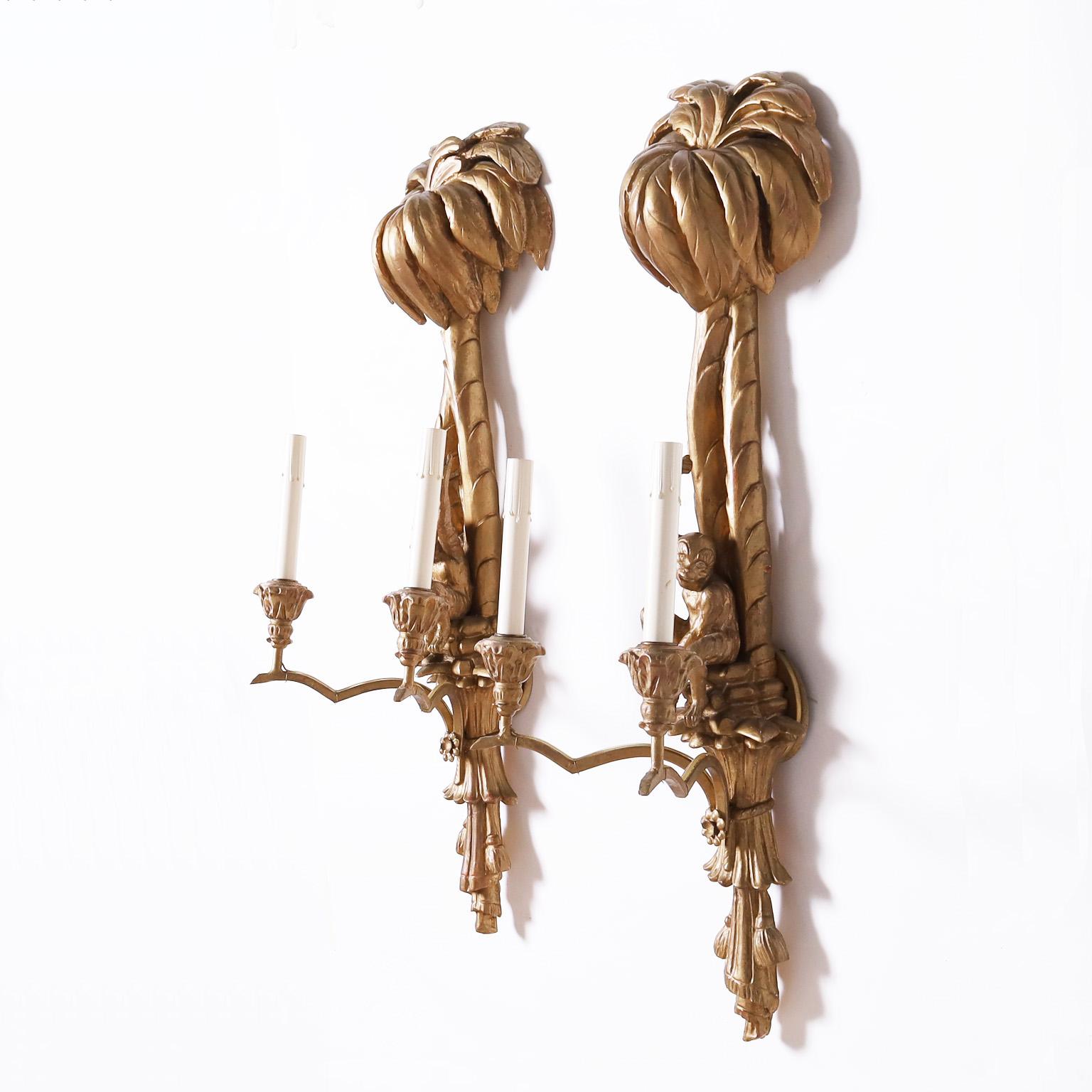 Rococo Revival Pair of Vintage Italian Gilt Wood Palm Tree Monkey Sconces For Sale