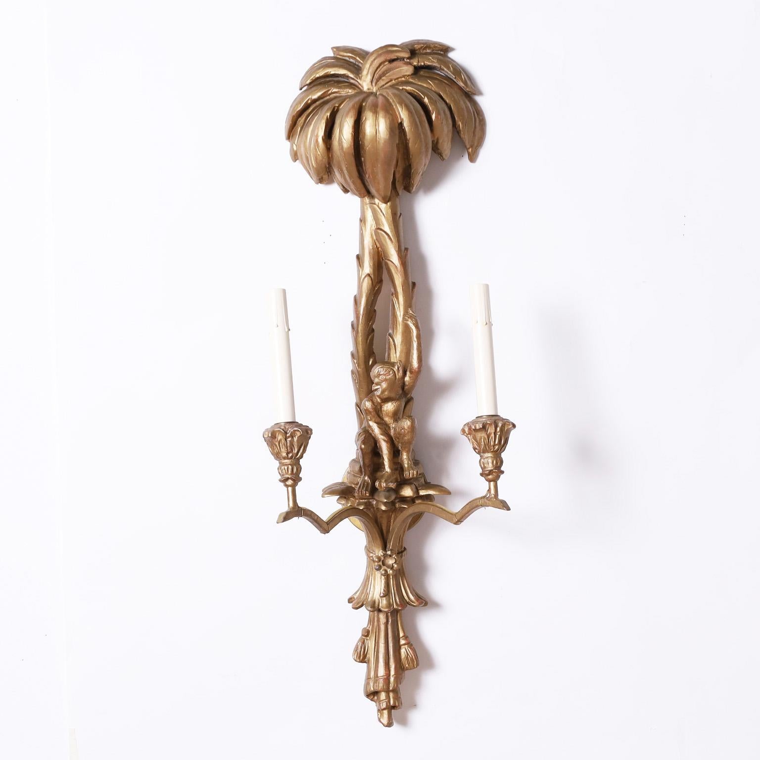 Hand-Carved Pair of Vintage Italian Gilt Wood Palm Tree Monkey Sconces For Sale