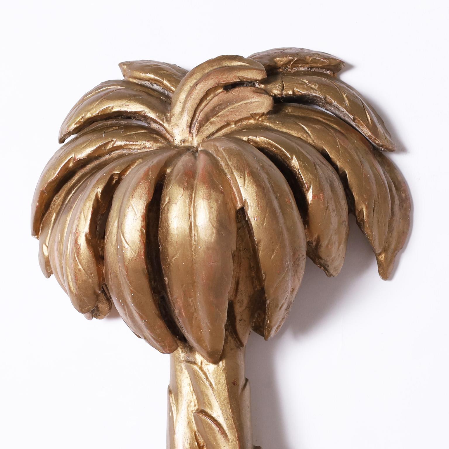 Pair of Vintage Italian Gilt Wood Palm Tree Monkey Sconces In Good Condition For Sale In Palm Beach, FL