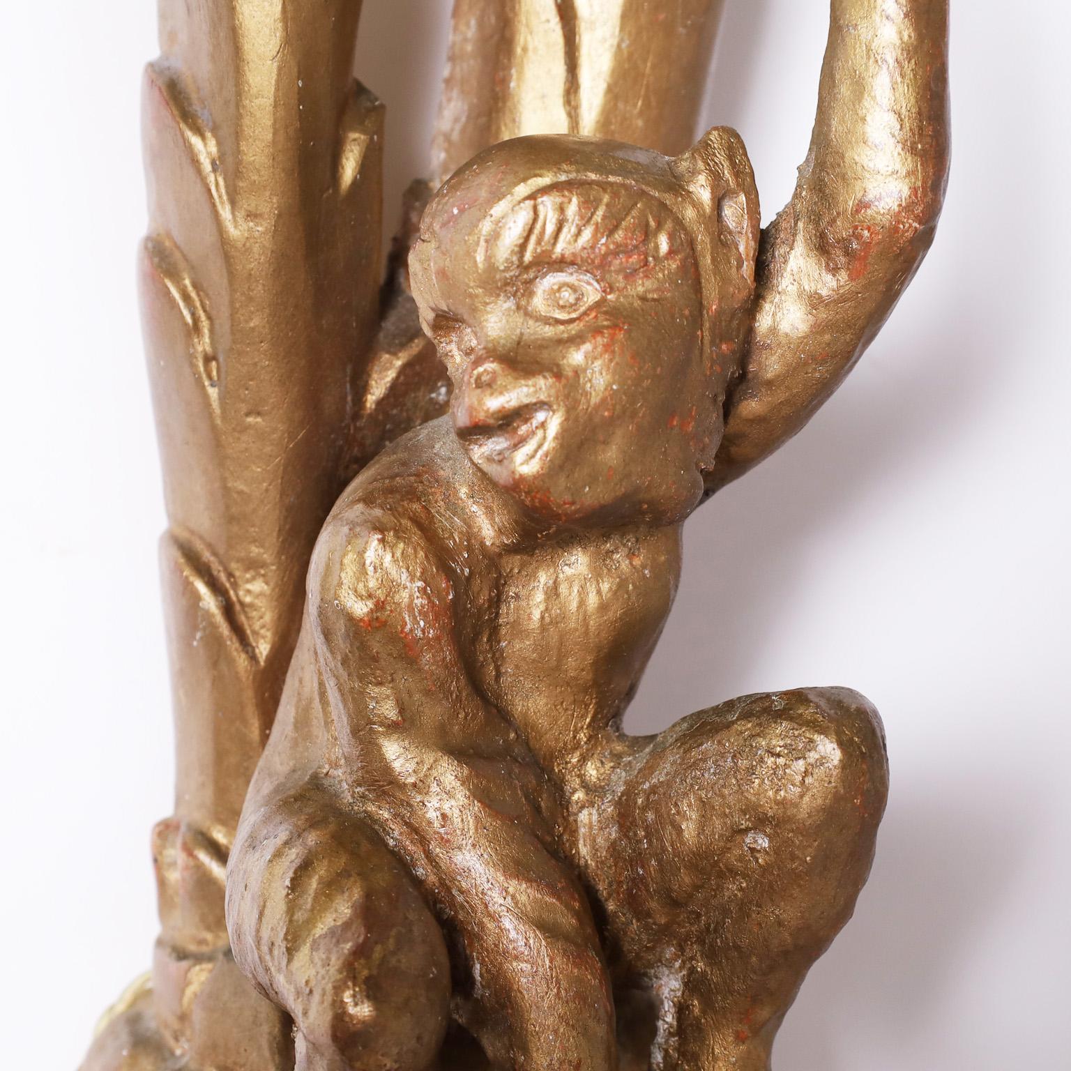 Giltwood Pair of Vintage Italian Gilt Wood Palm Tree Monkey Sconces For Sale