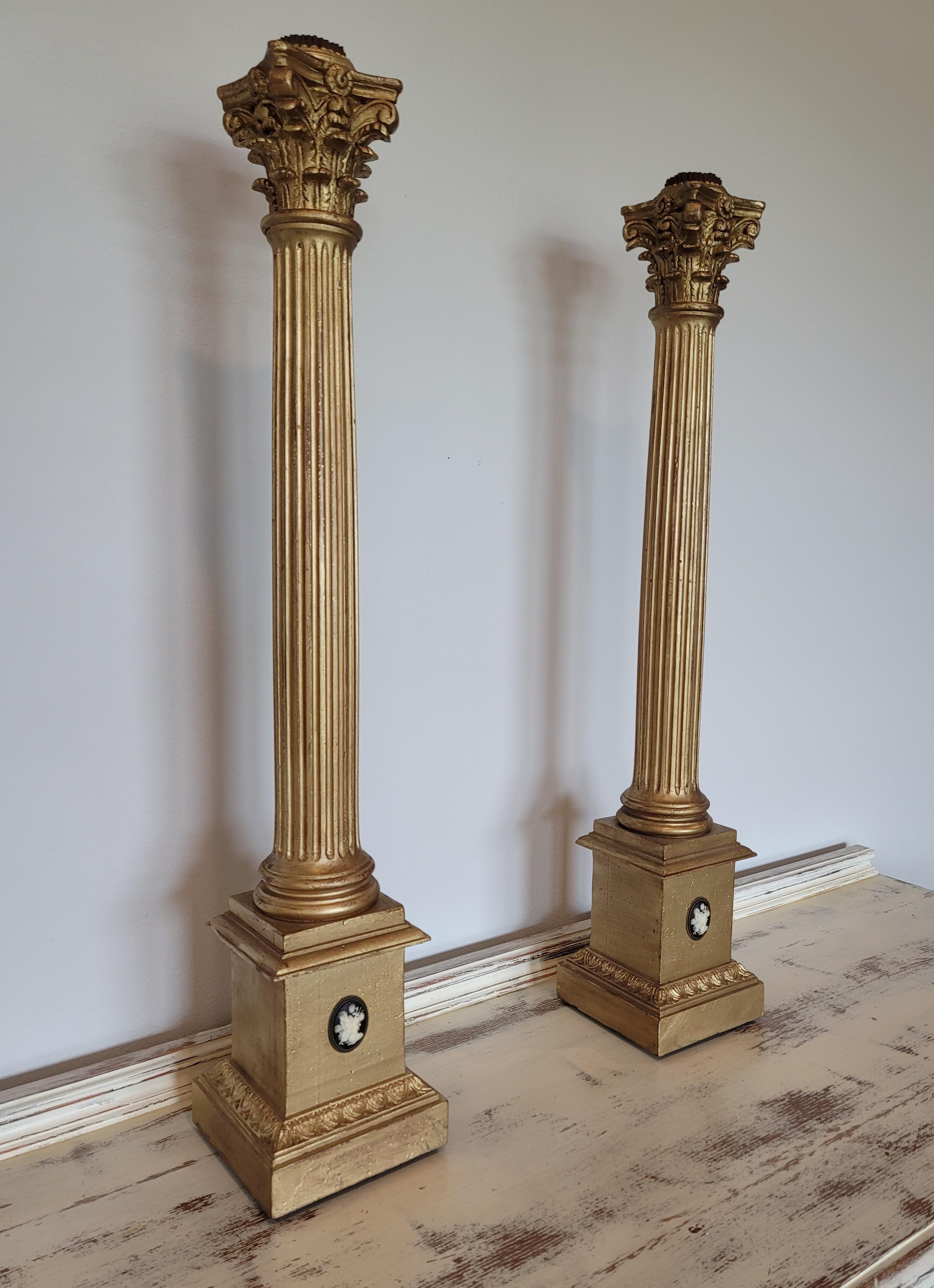 Antique Italian Neoclassical Giltwood Corinthian Column Candle Stand Pair For Sale 6