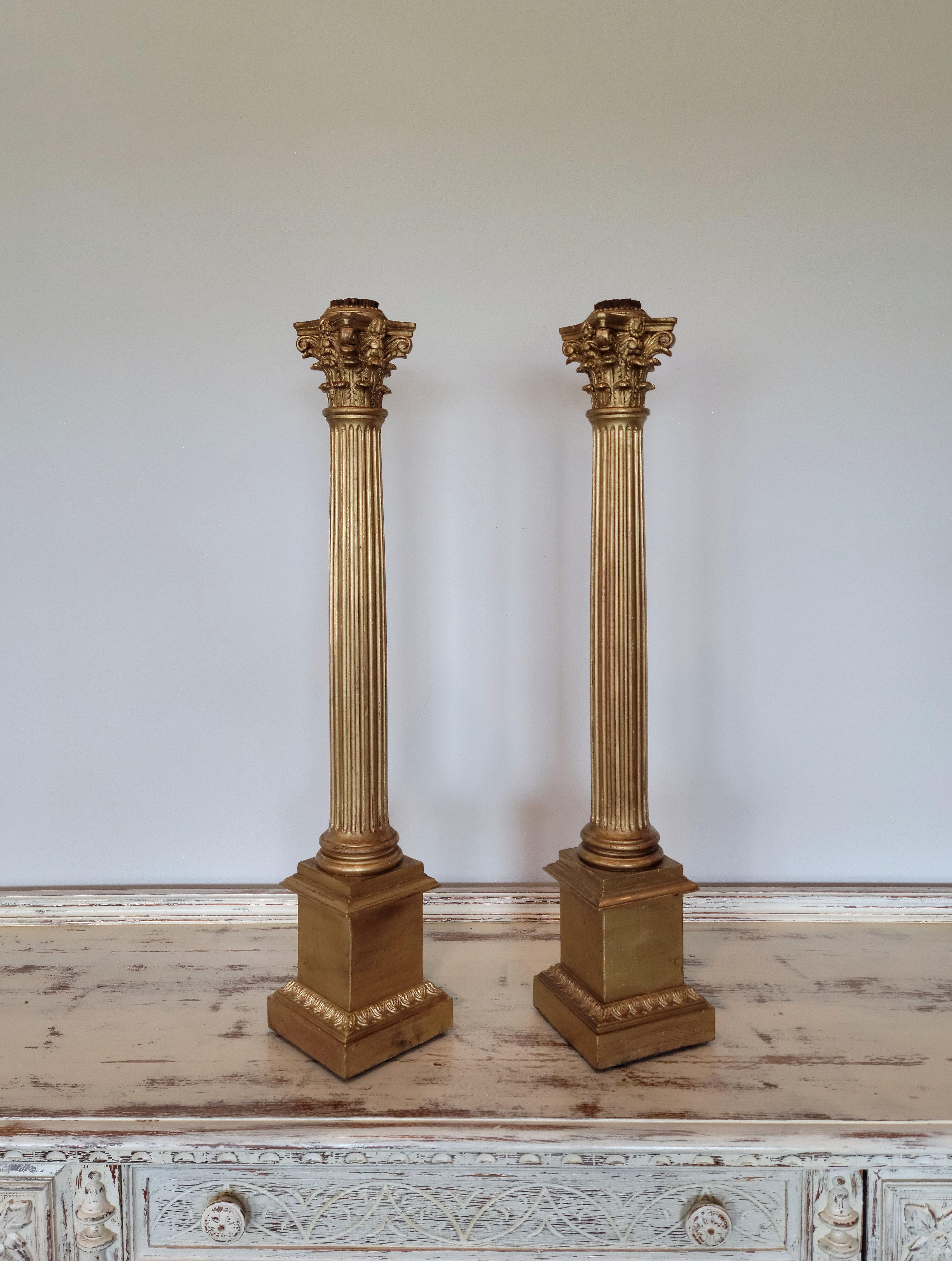 Antique Italian Neoclassical Giltwood Corinthian Column Candle Stand Pair 11