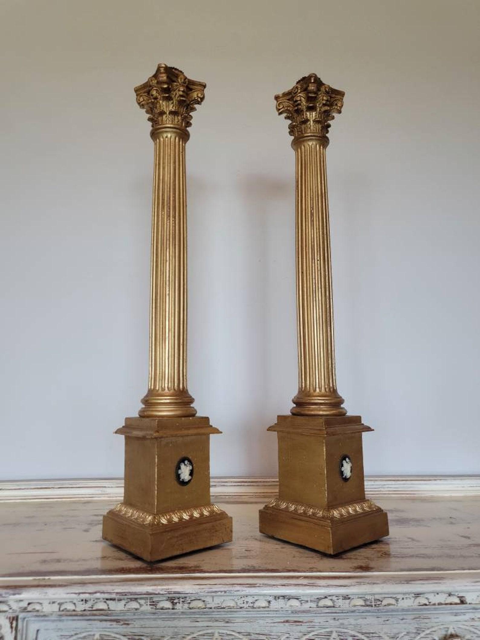 Hand-Carved Antique Italian Neoclassical Giltwood Corinthian Column Candle Stand Pair