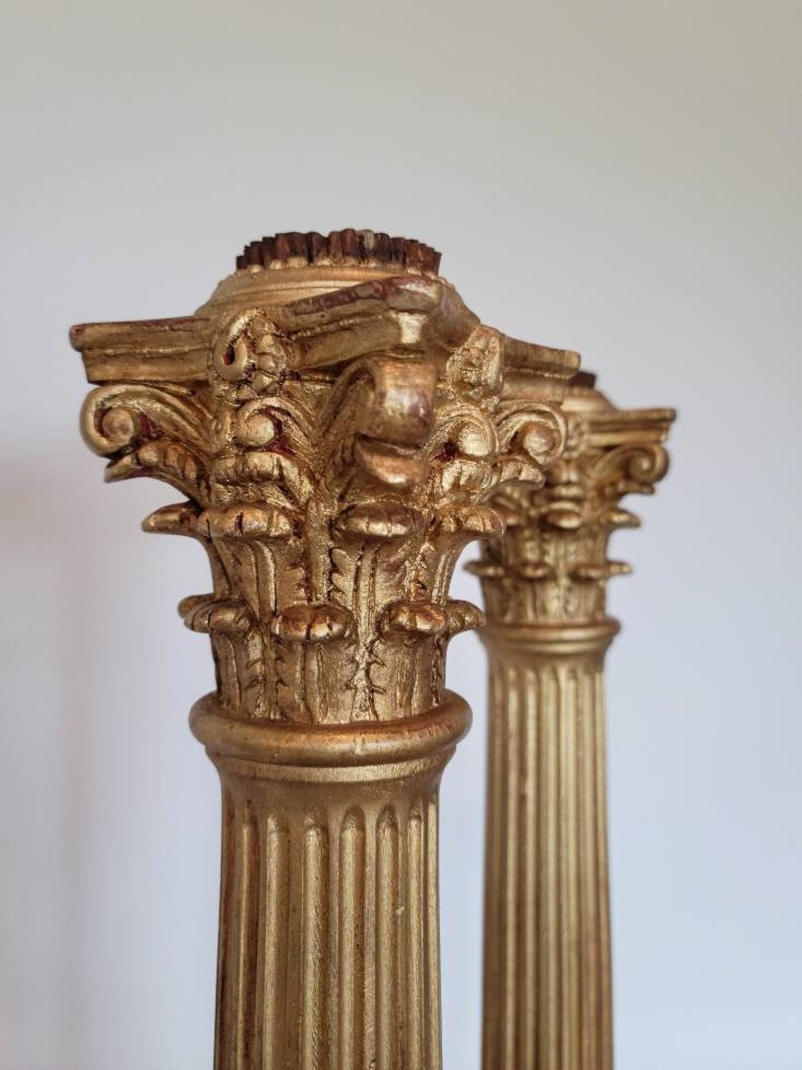 Antique Italian Neoclassical Giltwood Corinthian Column Candle Stand Pair For Sale 1