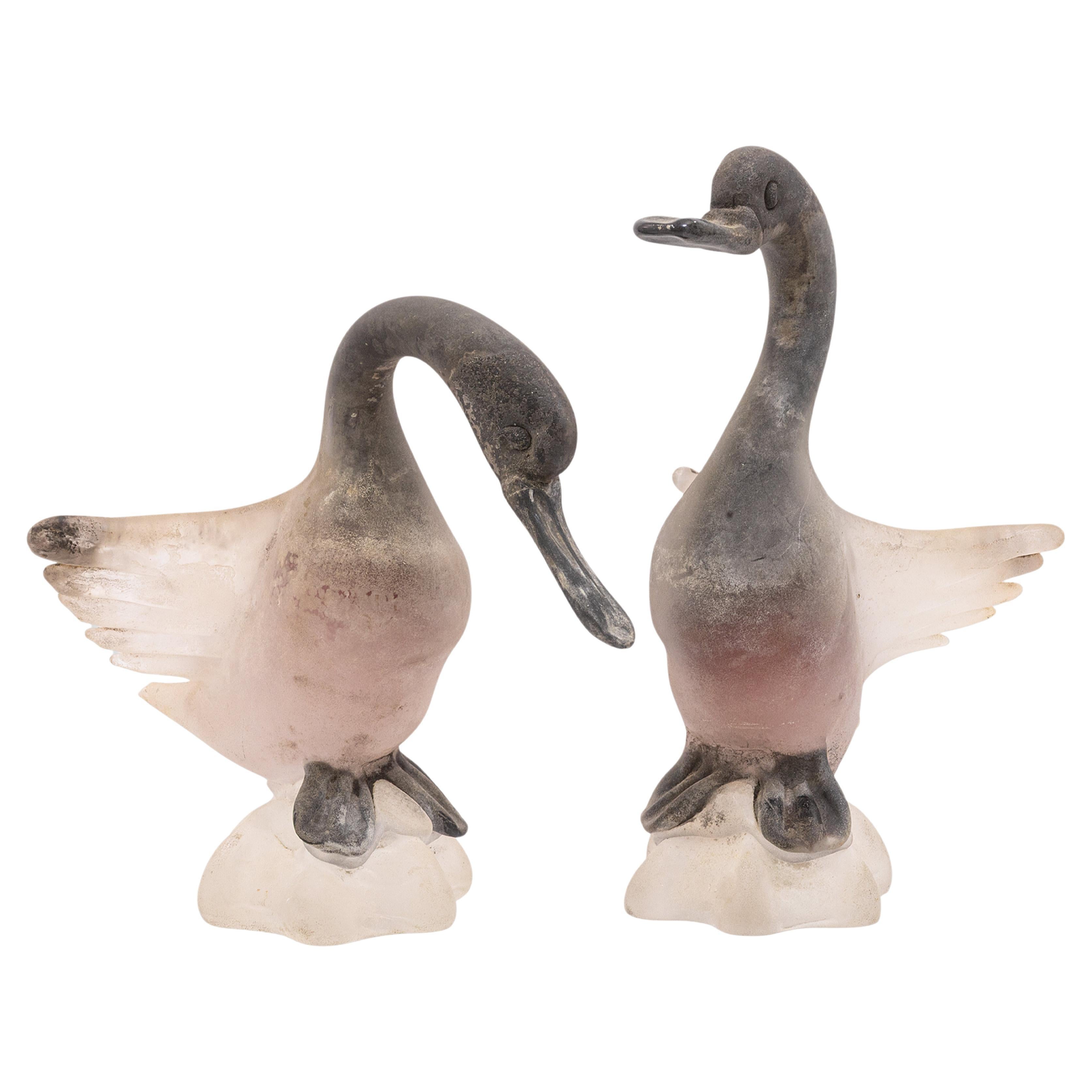 Pair of Vintage Italian Gino Cenedese Vetri Murano Frosted Glass Birds