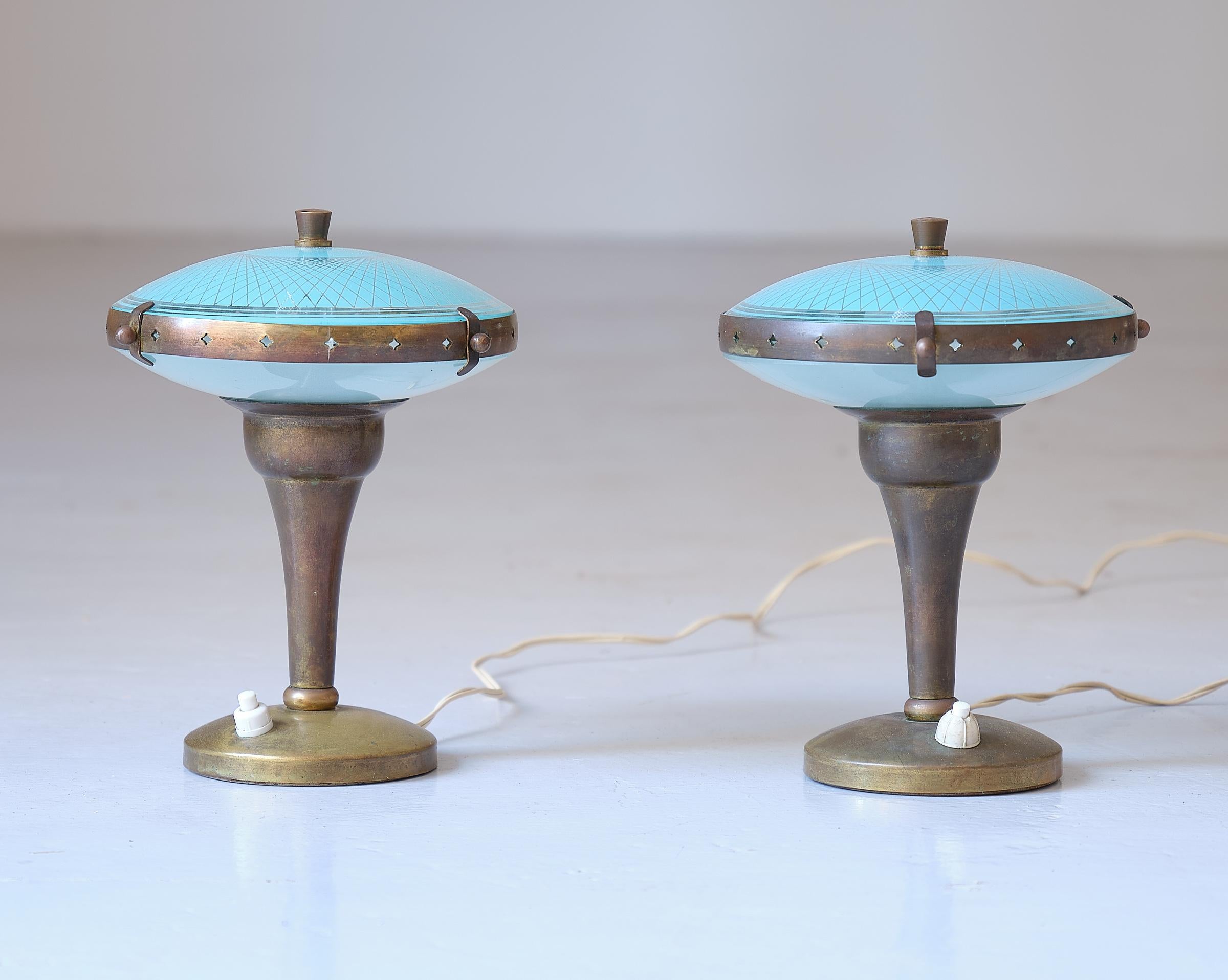 Mid-Century Modern Pair of Vintage Italian Glass and Brass Table Lamps, 1950s
