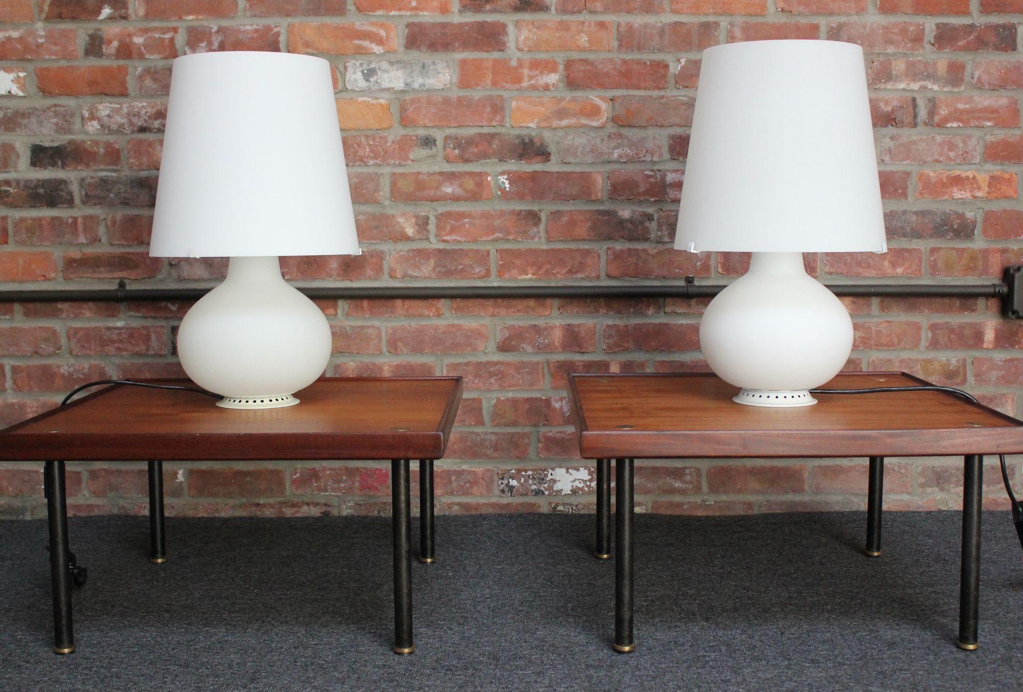 Pair of iconic model 1853 frosted glass table lamps designed in 1954 by the French glassmaker, Max Ingrand, for Fontana Arte, Italy.
Stylish, practical lamps occupying a small footprint but emitting a strong and pleasant light from two sources
