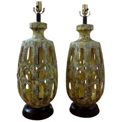 Pair of Vintage Italian Glazed Ceramic Lamps, Marbro Attributed