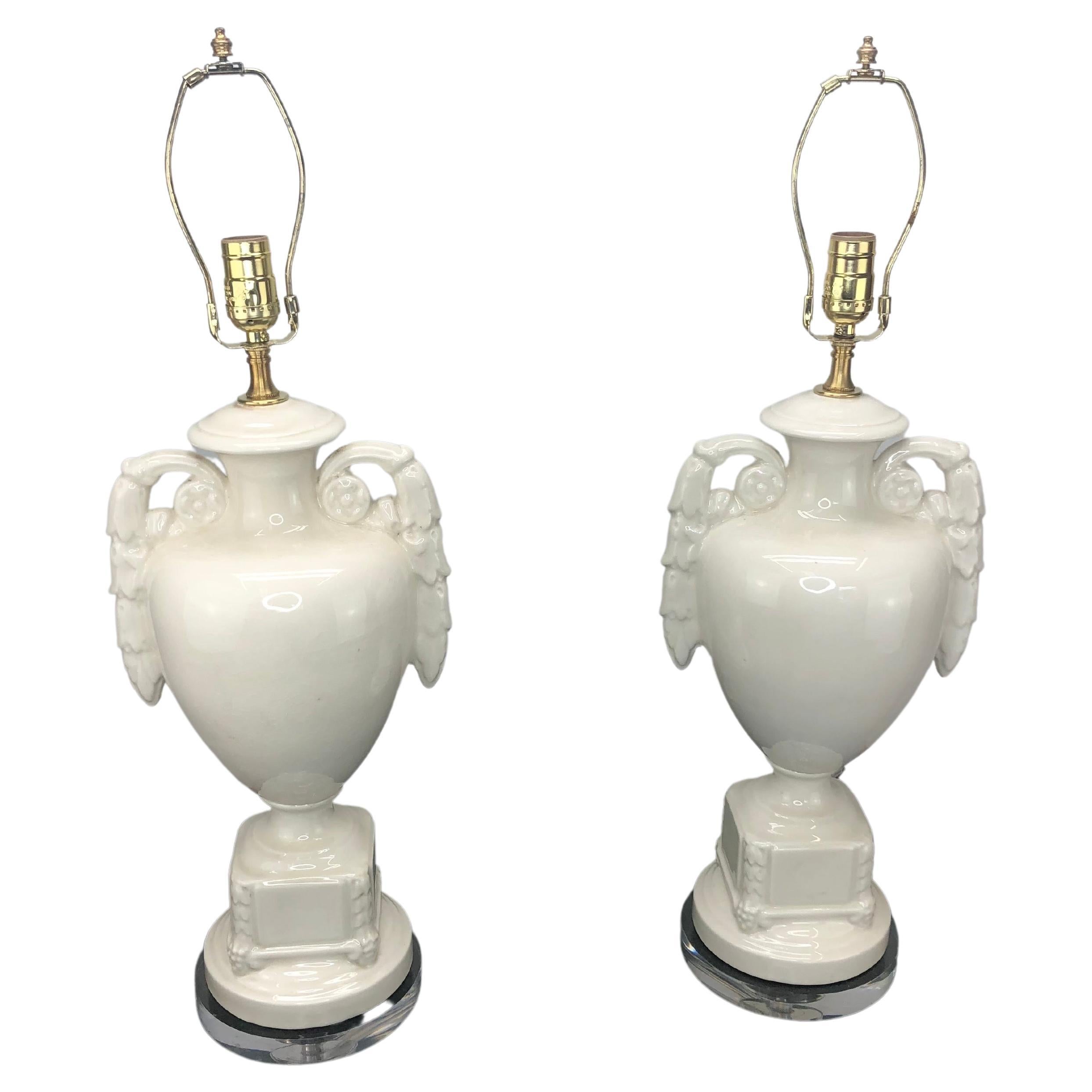 Pair of Vintage Italian Glazed Ceramic Urn Lamps For Sale