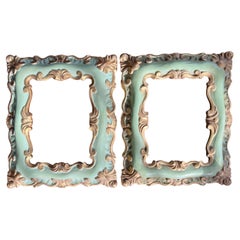 Pair of Vintage Italian Green and Gilt Carved Wood Picture Frames, 20th Century