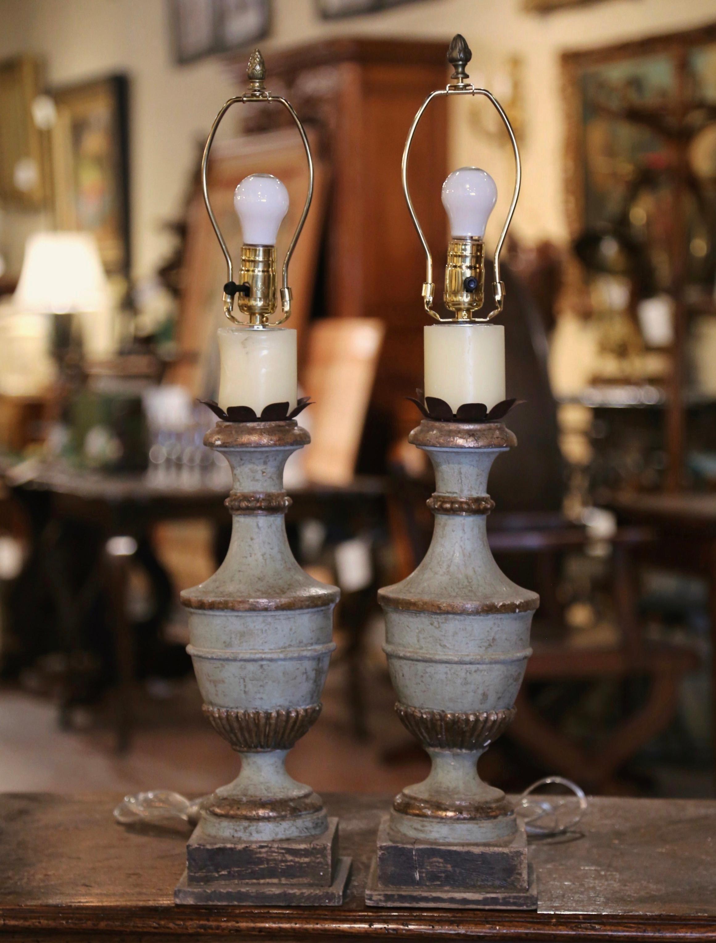 Neoclassical Pair of Vintage Italian Hand Carved Hand Painted Green and Silvered Table Lamps
