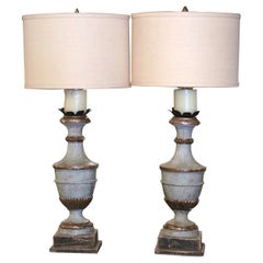 Pair of Vintage Italian Hand Carved Hand Painted Green and Silvered Table Lamps