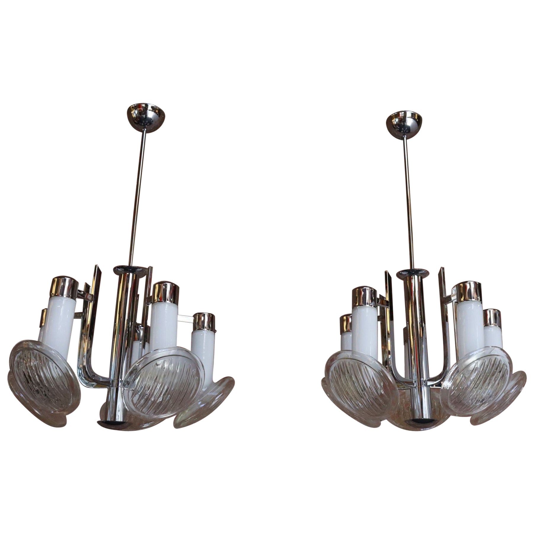 Pair of Vintage Italian "Headlight" Chandeliers by Carlo Nason for Mazzega For Sale