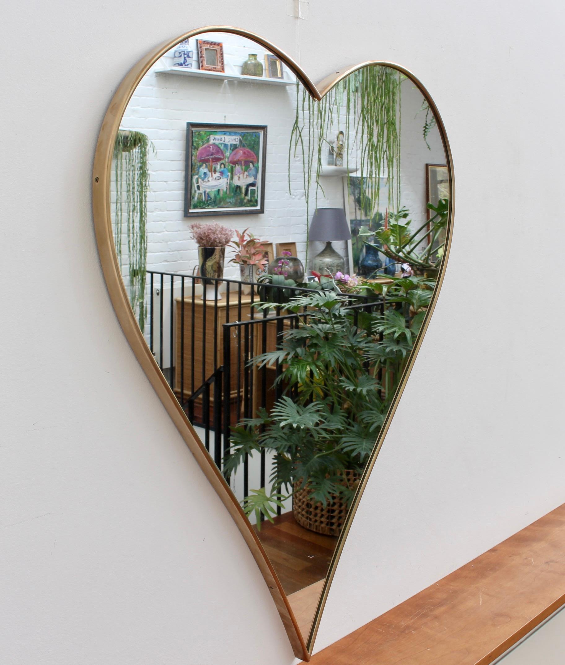 Mid-Century Modern Pair of Vintage Italian Heart-Shaped Wall Mirrors with Brass Frames, c. 1960s